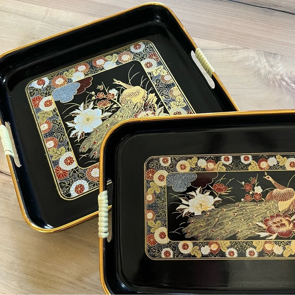 Vintage Japan lacquerware black gold peacock floral serving trays, set of two